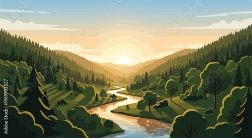 Scenic Mountain Valley with Winding River at Sunrise Vector Illustration
