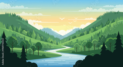 Scenic Mountain Valley Landscape with Winding River at Sunrise