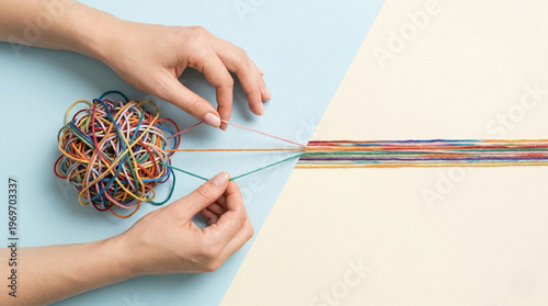 Hands untangling a messy ball of colorful yarn into straight lines, therapy and professional problem solving concept.