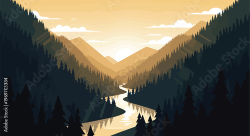 Minimalist Mountain Valley Landscape with Winding River at Sunset