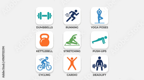 Fitness icons set including dumbbells, kettlebell, running, yoga poses on white background