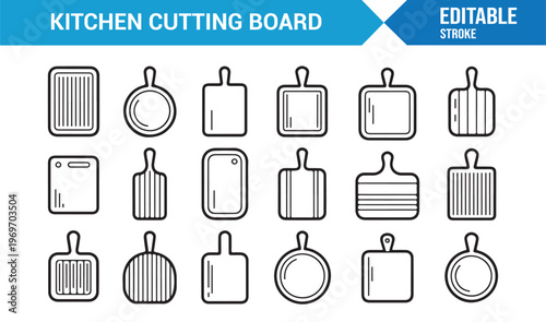 Kitchen utensil icons set with cutting boards and food preparation tools
