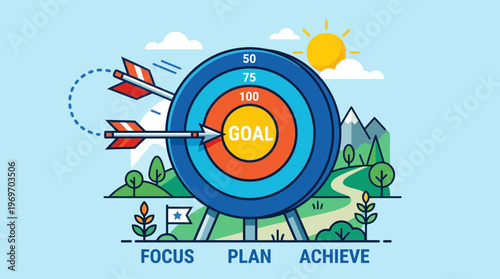 Target with goal bullseye and arrows hitting mark on white background