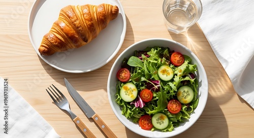 Delightful croissant and fresh salad meal preparation on a bright table