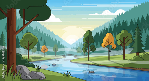 Flat Vector Illustration of a Peaceful River Landscape at Sunrise