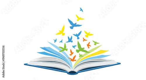 Vibrant illustration of an open book with colorful birds flying out, symbolizing freedom and knowledge