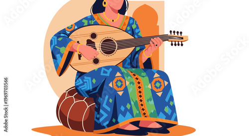 Woman playing oud lute, traditional Middle Eastern music, vibrant blue dress, cultural performance