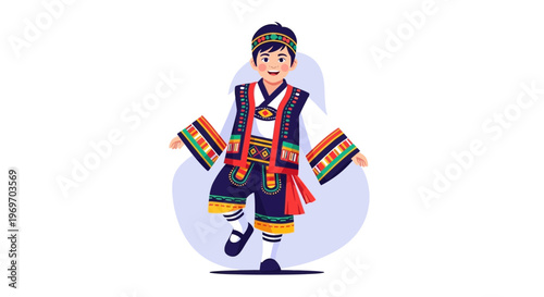 Child in Traditional Asian Folk Costume Dancing