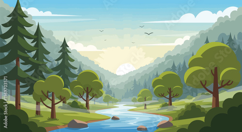 Beautiful Mountain Valley Landscape with Winding River and Forest at Sunrise