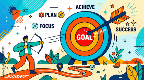 Businessman aiming at goal target with a bow and arrow on white background