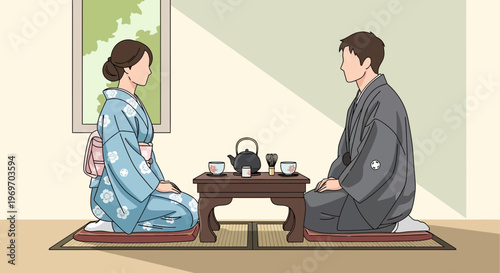 Couple in Traditional Japanese Kimono Enjoying Tea Ceremony