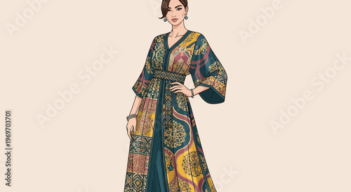 Elegant Woman in a Colorful Bohemian Kaftan Dress
