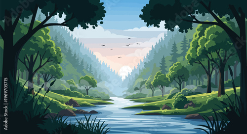 Serene Mountain River Valley Landscape at Sunrise Digital Illustration