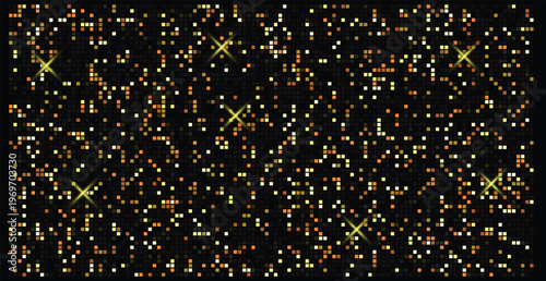 Abstract background with golden square pixels and sparkling light effects
