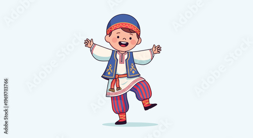 Happy boy in traditional costume dancing