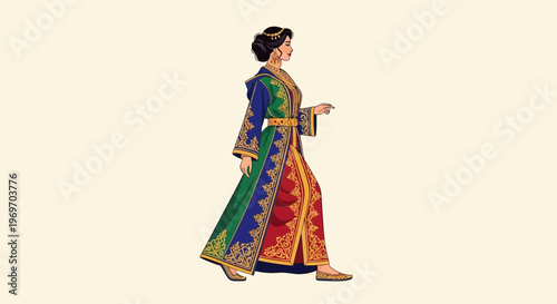 Elegant Woman in Traditional Moroccan Kaftan Walking