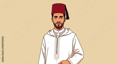 Man in traditional Moroccan djellaba and fez hat, standing against a plain background.