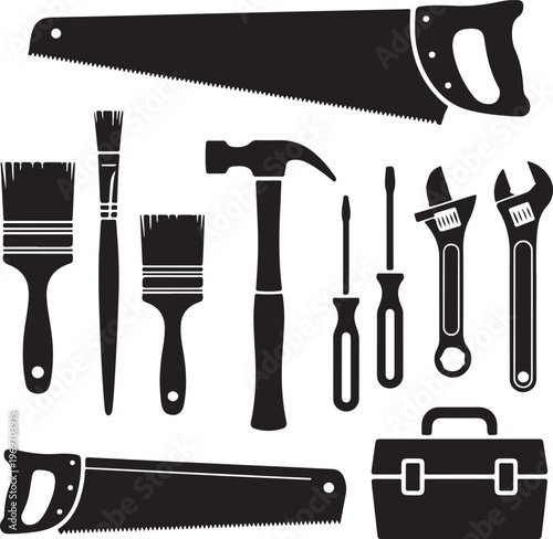 Essential construction and repair tools including saws, hammers, wrenches, and screwdrivers