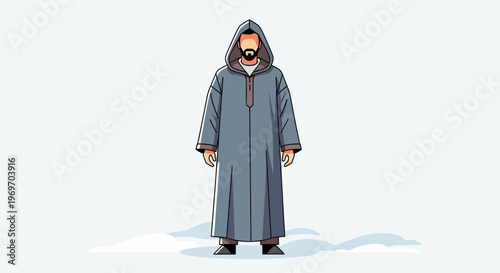 Man in traditional hooded robe standing in snow