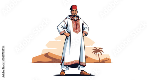 Man in Traditional Moroccan Djellaba and Fez Hat in Desert Landscape