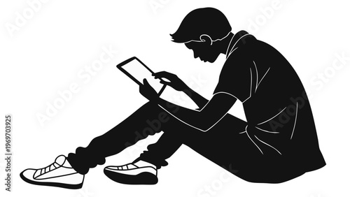 Adobe Black Silhouette of Man Sitting and Using Smartphone – Mobile Technology, Social Media Browsing, Digital Communication, Online Lifestyle, Modern User Concept Vector Artwork