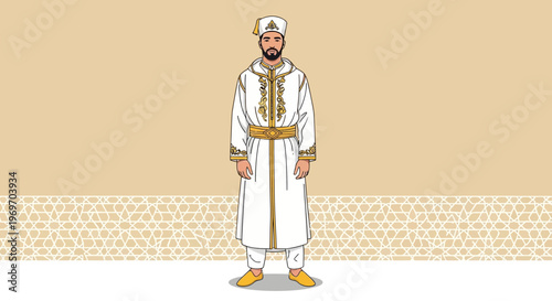 Man in Traditional Moroccan Djellaba and Tarboosh Hat