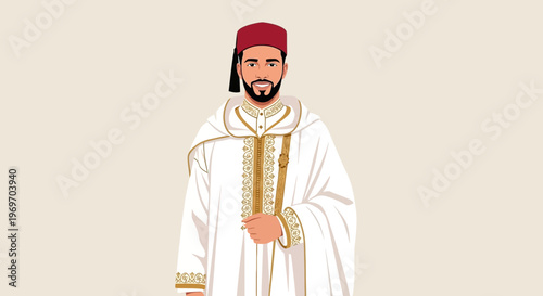 Man in Traditional Moroccan Djellaba and Fez Hat