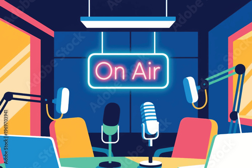 Podcast studio with microphones, laptops, colorful chairs, and neon On Air sign, stylized vector illustration of broadcasting.