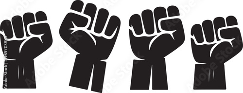 Four strong black fists raised in solidarity against injustice and for freedom