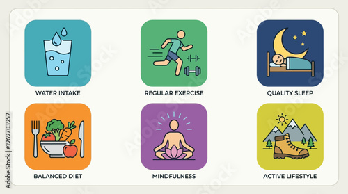 Healthy lifestyle concepts including water intake and quality sleep on white background