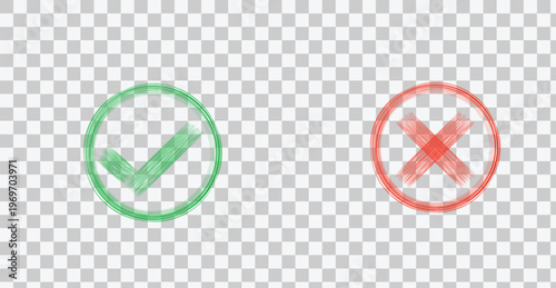 Green check mark and red cross mark icons, hand drawn style, isolated on white background