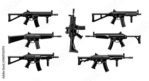 Assortment of black silhouette automatic weapons and firearms displayed together