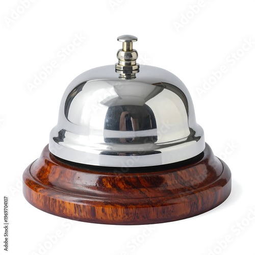 A shiny metal bell on a wooden base