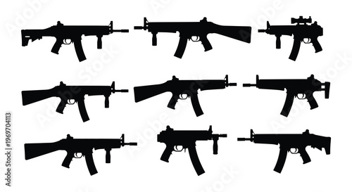 Assortment of black silhouette automatic weapons and firearms displayed together