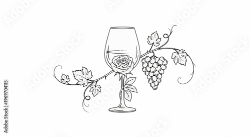 Delicate line art of a wine glass with a rose and grapes