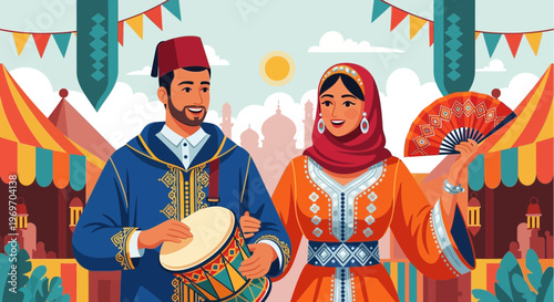 Moroccan couple in traditional clothing celebrating with music and dance at a festival