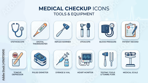 Medical checkup icons set with various tools on white background