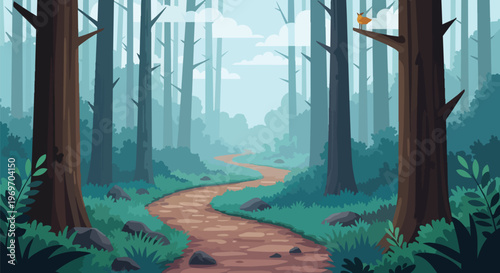 Enchanted Forest Path with Small Fox Sitting on Tree Branch Illustration