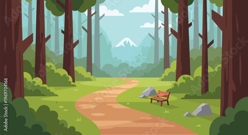 Flat Vector Illustration of a Scenic Forest Path with Mountain View and Wooden Bench