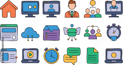 Colorful Remote Work Icons – Modern Work From Home Vector Set, This collection includes icons representing work from home, online meetings, video conferencing, digital collaboration, cloud storage.