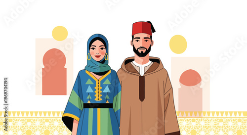 Moroccan couple in traditional clothing, happy, cultural representation, North Africa