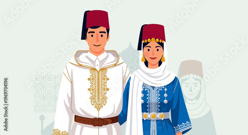 Moroccan couple in traditional clothing, man and woman, cultural attire, North Africa