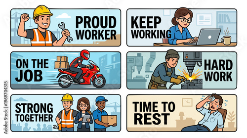 International Workers Day Banner Set with Labor Day Concept Celebrating Hard Work Strong Together Proud Worker Keep Working On The Job and Time To Rest for Professional Employee Career Industry