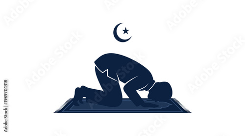 Man praying on mat with crescent moon and star on white background