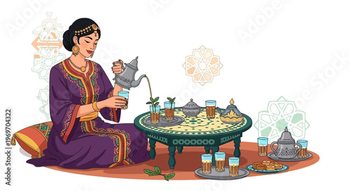 Moroccan woman pouring mint tea in traditional attire, cultural hospitality