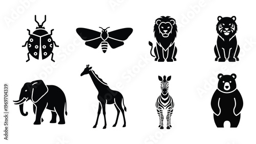 A collection of various african animals and insects depicted in a minimalist black silhouette high quality professional detailed modern elegant stylish