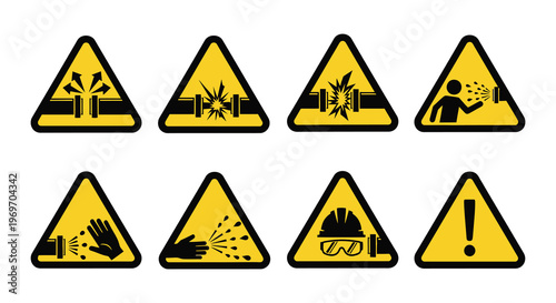 Set of yellow warning signs depicting various industrial hazards and safety