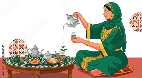 Moroccan woman pouring mint tea, traditional hospitality, cultural scene