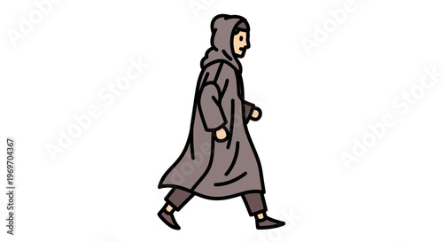 Person in hooded cloak walking, side view, simple illustration
