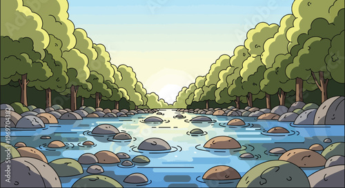 Cartoon Illustration of a Serene River Flowing Through a Lush Forest at Sunrise